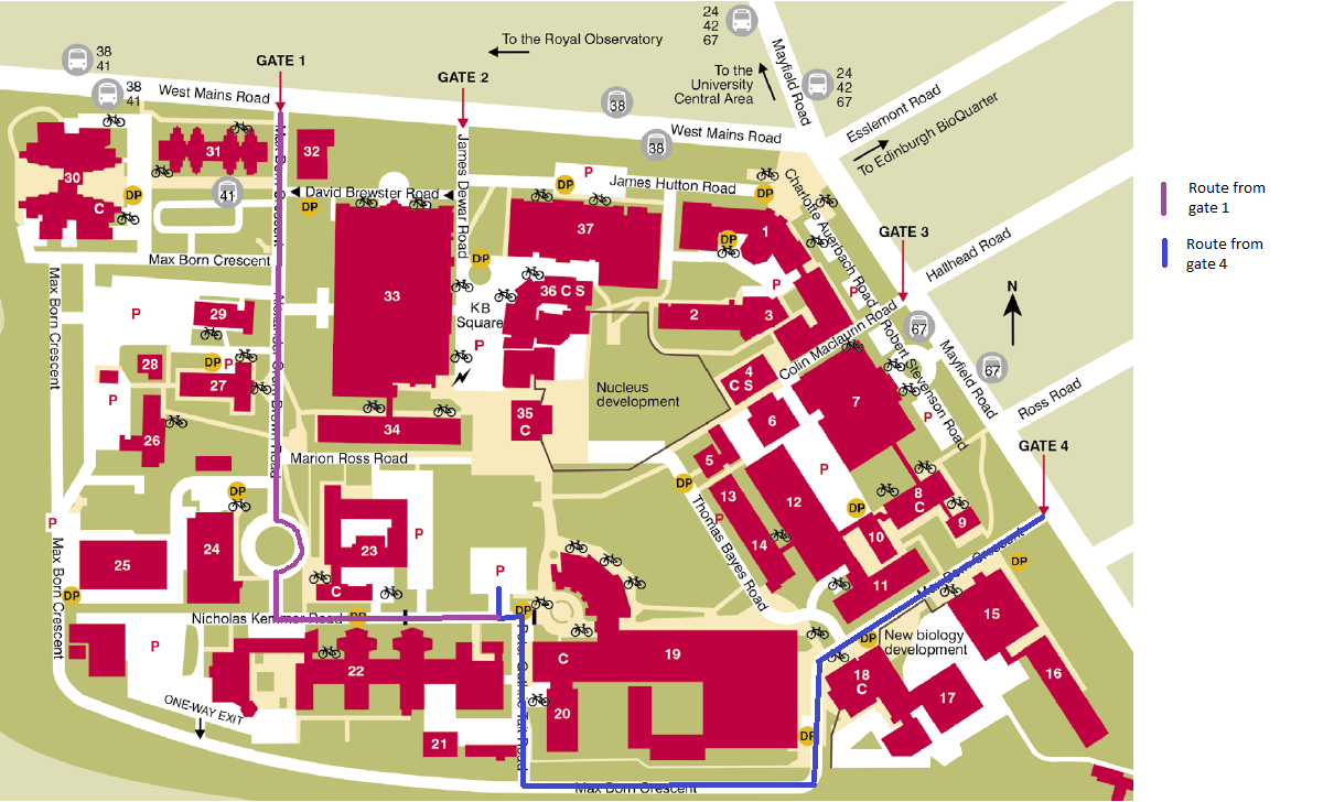 a map of KB campus with lines drawn on leading to JCMB