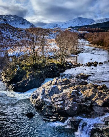 image shows a river flowing through trees and snowy mountains