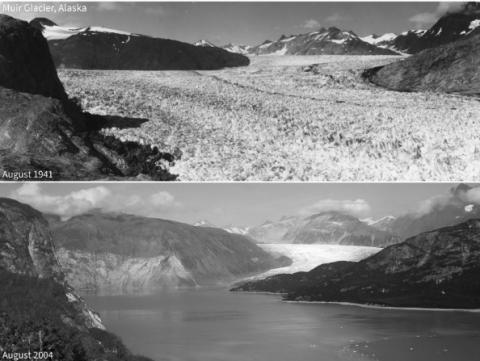 a glacier comparison between 1941 and 2004. It has retreated dramatically.