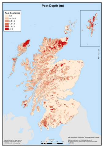 a map showing peat depth in Scotland. The darkest shaded areas are in the West and North.